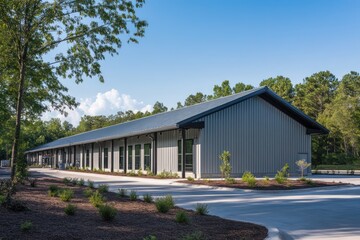 Industrial facility with vertical corrugated panels, clean rooflines, and functional paved access areas