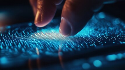 Human finger gently touches a glowing digital fingerprint scanner
