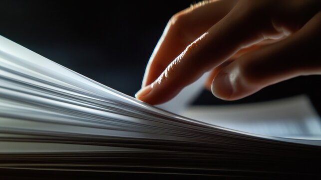 A hand gently touches the edge of stacked sheets of paper