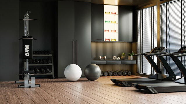 Dark gym interior with sport and fitness equipment on black wall background- 3D rendering