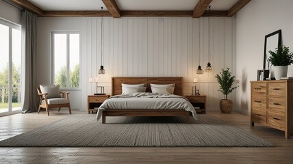Fototapeta premium Interior bedroom, white room with wooden furniture