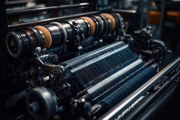 Fototapeta premium Modern Industrial Textile Production Facility with Advanced Weaving Machinery Showcasing Manufacturing Technology and Precision Engineering