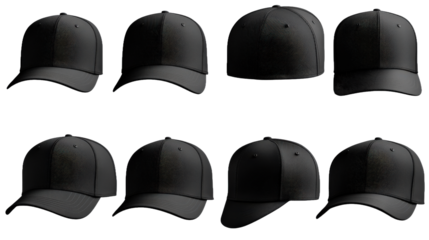 A collection of black hats with a black background