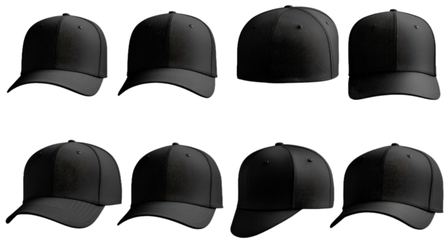 A collection of black hats with a black background