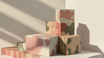A studio shot depicts several rectangular bars of artisanal soap stacked in a slightly haphazard arrangement. The soaps feature abstract designs in pastel shades of pink, green, and beige. The