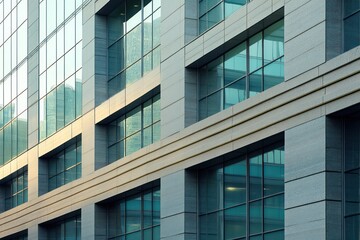 Fototapeta premium Medium-sized office complex with a grid-like glass facade, accented by horizontal stone strips