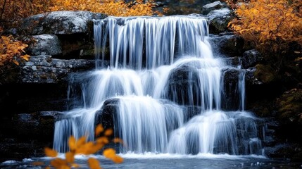 Waterfall landscape concept. A serene waterfall cascading over stones, surrounded by vibrant autumn foliage.