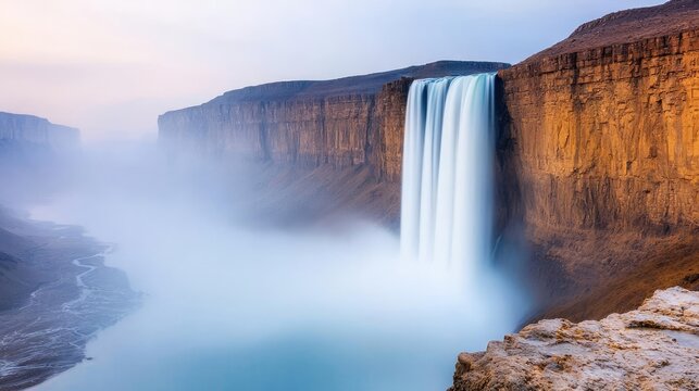 Waterfall landscape concept. A stunning waterfall cascading into a misty river, surrounded by rugged cliffs at dawn. - Powered by Adobe