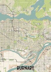 Obraz premium This detailed map showcases the city of Burnaby, British Columbia, Canada. The map features a beige background with a network of black roads and streets, highlighting the city's urban layout.