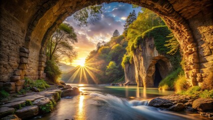 Naklejka premium Stone Archway Over River at Sunset