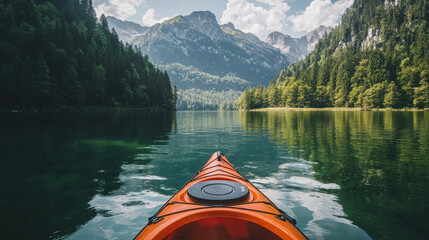 tranquil lake scene featuring vibrant orange kayak gliding through clear waters, surrounded by lush green forests and majestic
