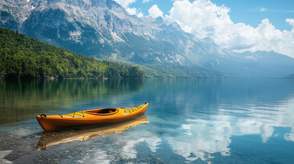 serene lake with vibrant orange kayak resting shore, surrounded by majestic mountains and clear blue skies. calm water