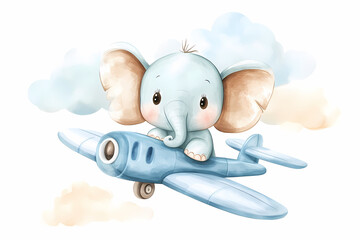 Little Elephant's Aerial Adventure: A charming illustration of a baby elephant piloting a vintage airplane amidst fluffy clouds, evoking a sense of wonder, adventure, and carefree imagination.