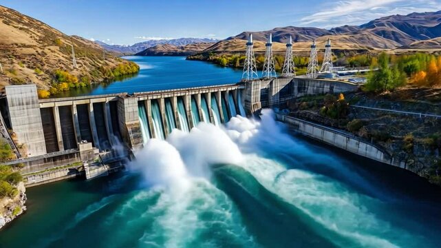 Scenic View of a Hydroelectric Dam Surrounded by Lush Green Hills and Calm Blue Water in a Bright Daylight Setting