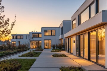 Modern row house with consistent flat roofs, seamless glass doors, and minimalist concrete pathways