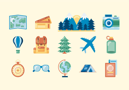 Colorful Adventure Travel Exploration Icons Set