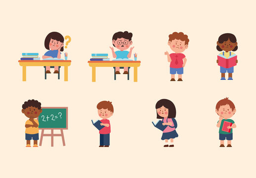 Colorful Confused Student School Illustration Set