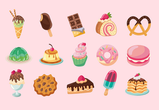 Colorful Desserts Pastries and Sweets Illustration Set