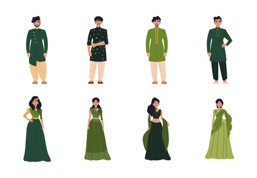 Green Traditional Indian Clothing Person Illustration Set