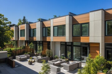 Fototapeta premium Modern townhouses featuring neutral tones, horizontal wooden accents, and an open shared courtyard