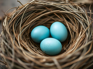 nest with eggs, blue robins egg