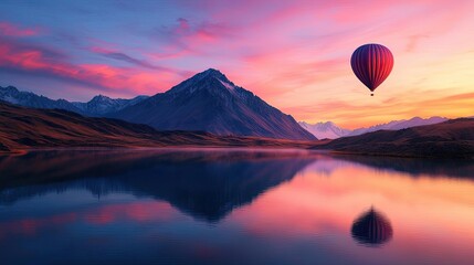 Fototapeta premium Mountain range landscapes idea. A breathtaking sunset view with a hot air balloon over serene mountains and a reflective lake.