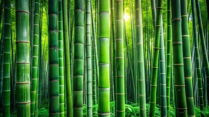 Fototapeta premium The image shows a dense grove of tall, green bamboo stalks, with sunlight filtering through the leaves.