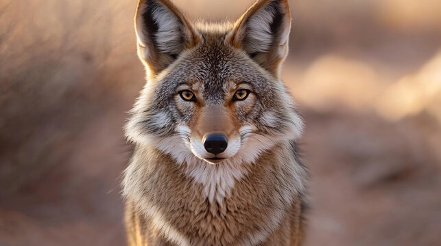 Lone coyote staring directly at the camera deep desert background hyper realistic fur details