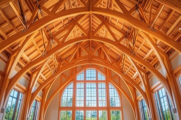 Ornate wooden beams support a high, arched ceiling with a large window. Use it to showcase architectural designs and craftsmanship with natural light.