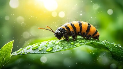 Naklejka premium Close up shot of a caterpillar crawling along a lush green leaf symbolizing the process of transformation and growth in nature