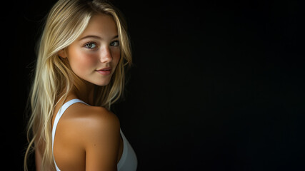 Fototapeta premium Caucasian blond sport woman athlete wearing white sportswear smiling isolated on black background