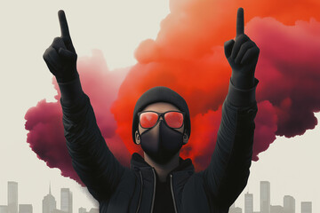 Masked Man Protesting Against City Background