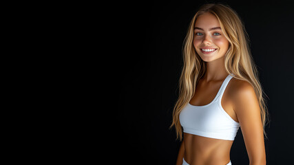 Fototapeta premium Australian woman wearing white sportswear smiling isolated on black background