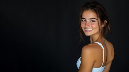 Obraz premium Arabian woman wearing white sportswear smiling isolated on black background