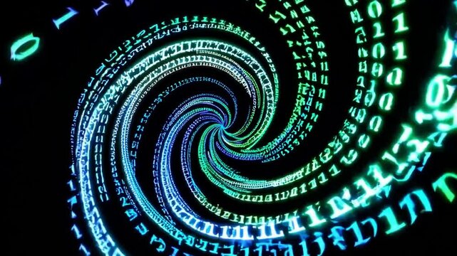 A Deep Dive into Data: A Spiraling Vortex of Green Binary Code in a Dark Background, Representing Technology, Innovation, and Information Flow