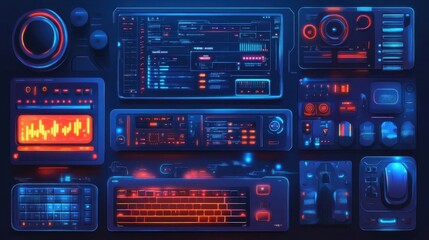 Obraz premium Electronic display panels and interfaces with vibrant blue and orange lighting