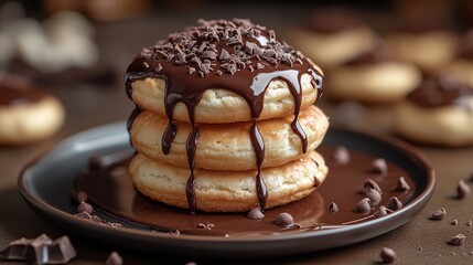 Stack of pancakes drizzled with chocolate and chips on a dark plate. Dessert indulgence