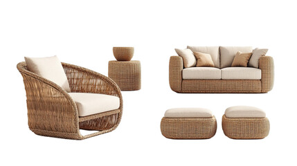 A set of three wicker chairs and a couch are shown on a white background