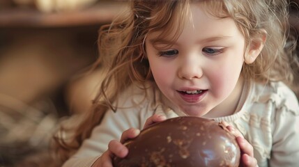 A little girl excitedly opening a large chocolate Easter egg, her eyes filled with wonder