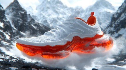 White and orange shoe hovering over snowy mountains.