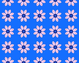 Bright blue backdrop showcases a repeating floral pattern with pink petals and dark centers, creating a cheerful and vibrant design
