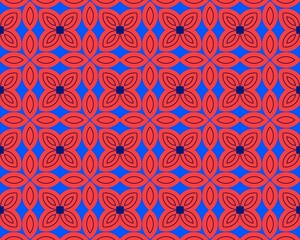 Fototapeta premium Seamless Red Floral Geometric Pattern on Blue Background