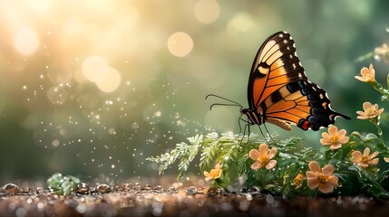 Obraz premium A glasswing butterfly hovers delicately over a fern covered in dewdrops its translucent wings catching the light in a captivating display of natural elegance and ethereal beauty