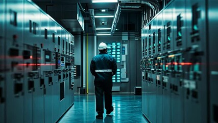 Power plant worker inspecting equipment;  industrial control room;  lights reflect on panels;  for industrial safety stock photography