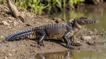 Young crocodile basking on riverbank