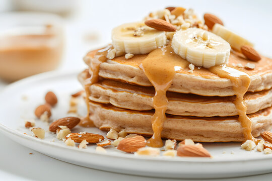 stack of pancakes with banana and peanut butter.