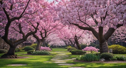 Fototapeta premium Blooming Cherry Blossom Trees in a Tranquil Spring Garden