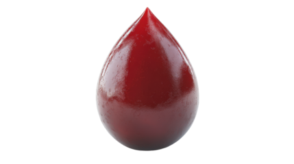 A red drop of blood is shown on a white background