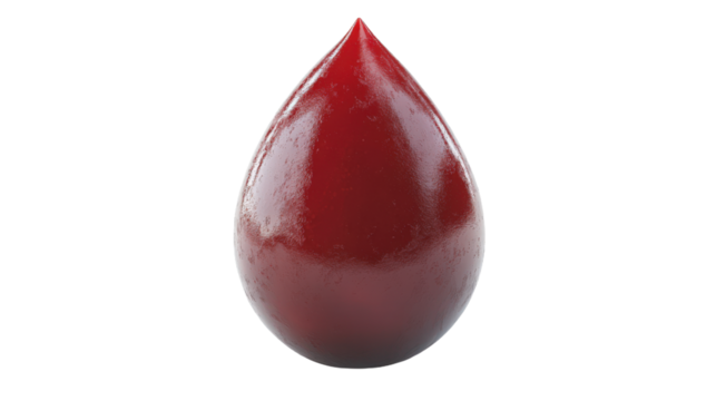 A red drop of blood is shown on a white background