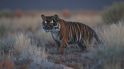 Obraz premium Young tiger in a grassy savanna